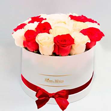 White Box of Red and White Roses